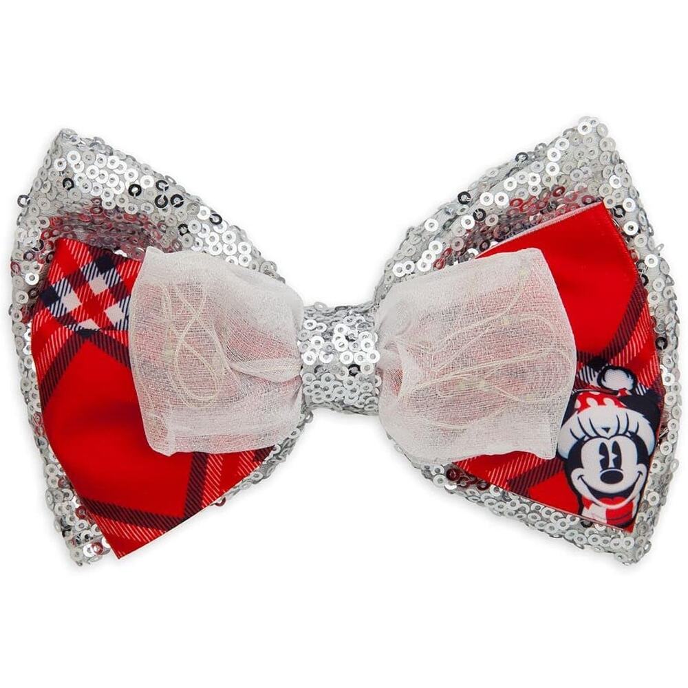Disney Minnie Mouse Holiday Light-Up Hair Bow Tartan Plaid Silver Sequins